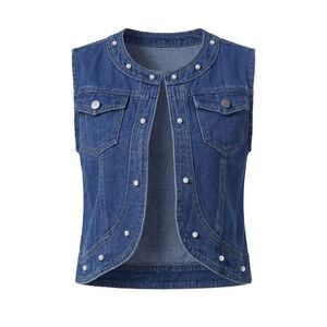 Collarless Cardigan Chest Pockets Decor Pearl Sleeveless Jean Jackets Blue